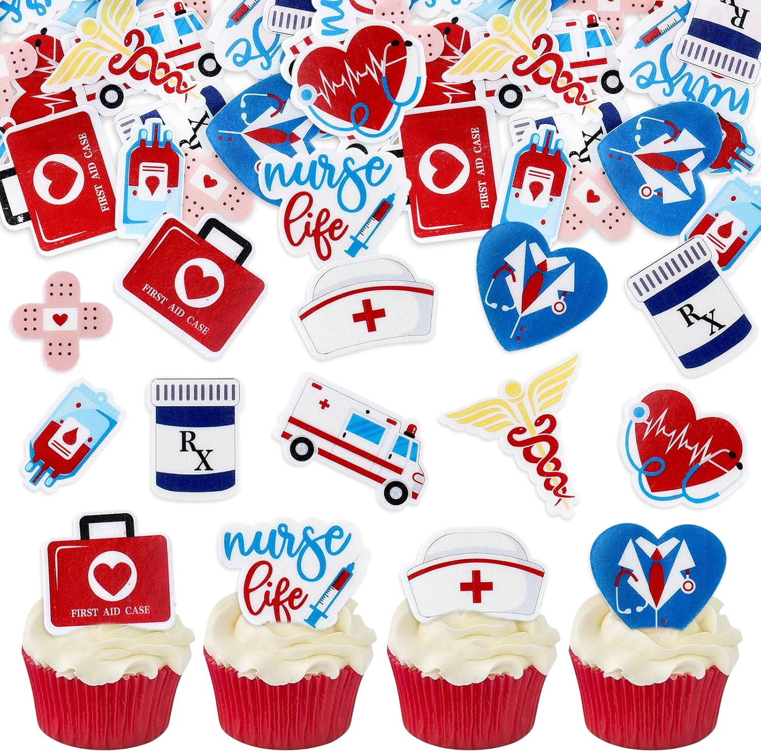 50Pcs Edible Nurse Doctor Cupcake Toppers Edible Medical Tools Cupcake Picks for Hospital Party Decorations Doctor's Nurse's Day Party Medical Graduation Retirement Birthday Cupcake Decorations