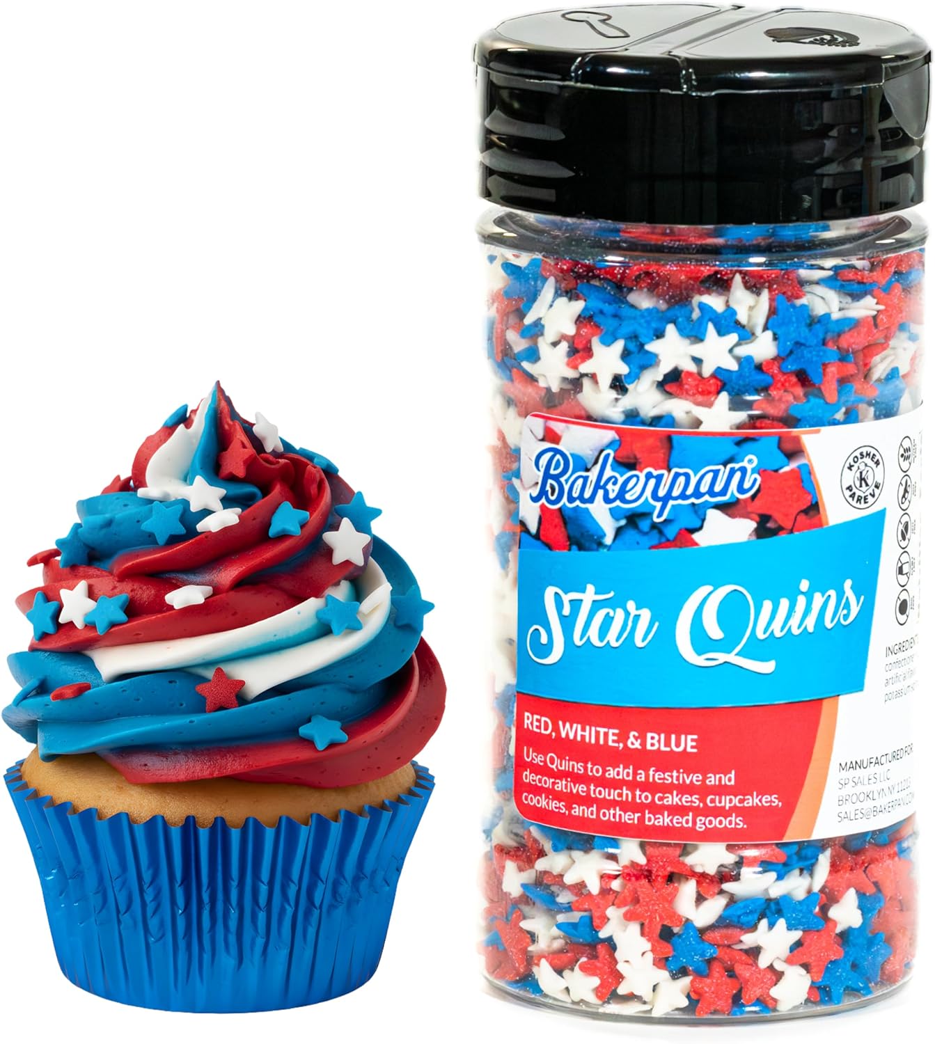 Bakerpan July 4th Sprinkles for Cake Decorating - Star Confetti 4 Ounces - Independence Day Red, White & Blue Edible Confetti Sprinkles for Cupcakes, Ice Cream, Cookies, Cakes (Made in USA)
