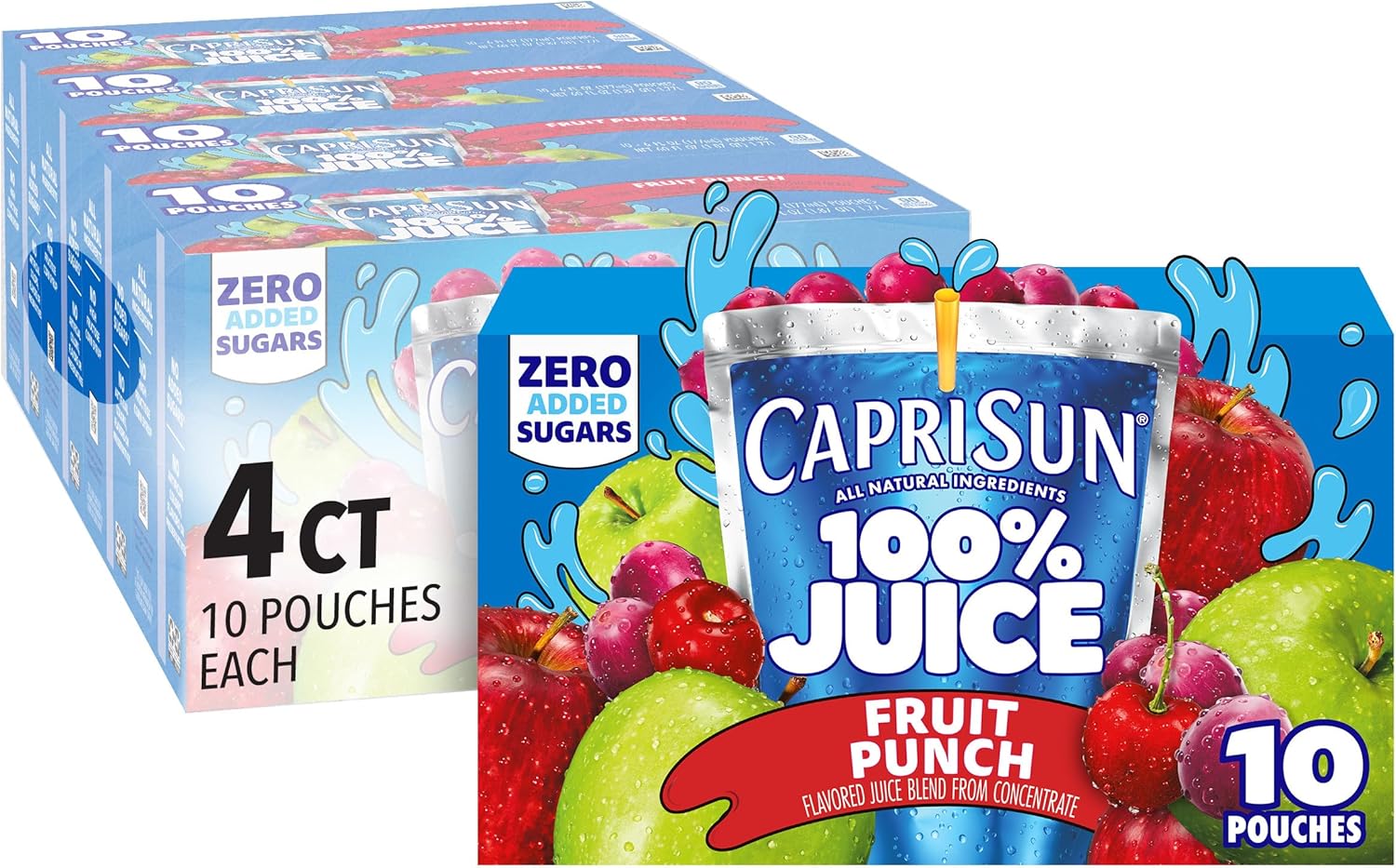 Capri Sun 100% Juice Fruit Punch Naturally Flavored Juice Blend, 40 ct Pack, 4 Boxes of 10 Pouches