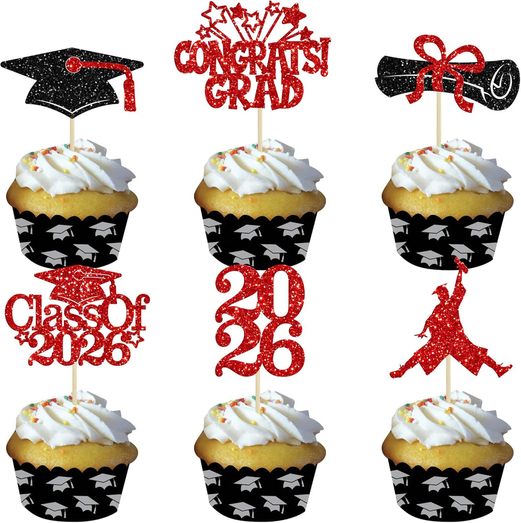 Gyufise 24Pcs 2026 Graduation Cupcake Toppers Glitter Class of 2026 Congrats Grad Cupcake Pick Decorations for 2026 Graduation Theme Birthday Party Supplies Black Red