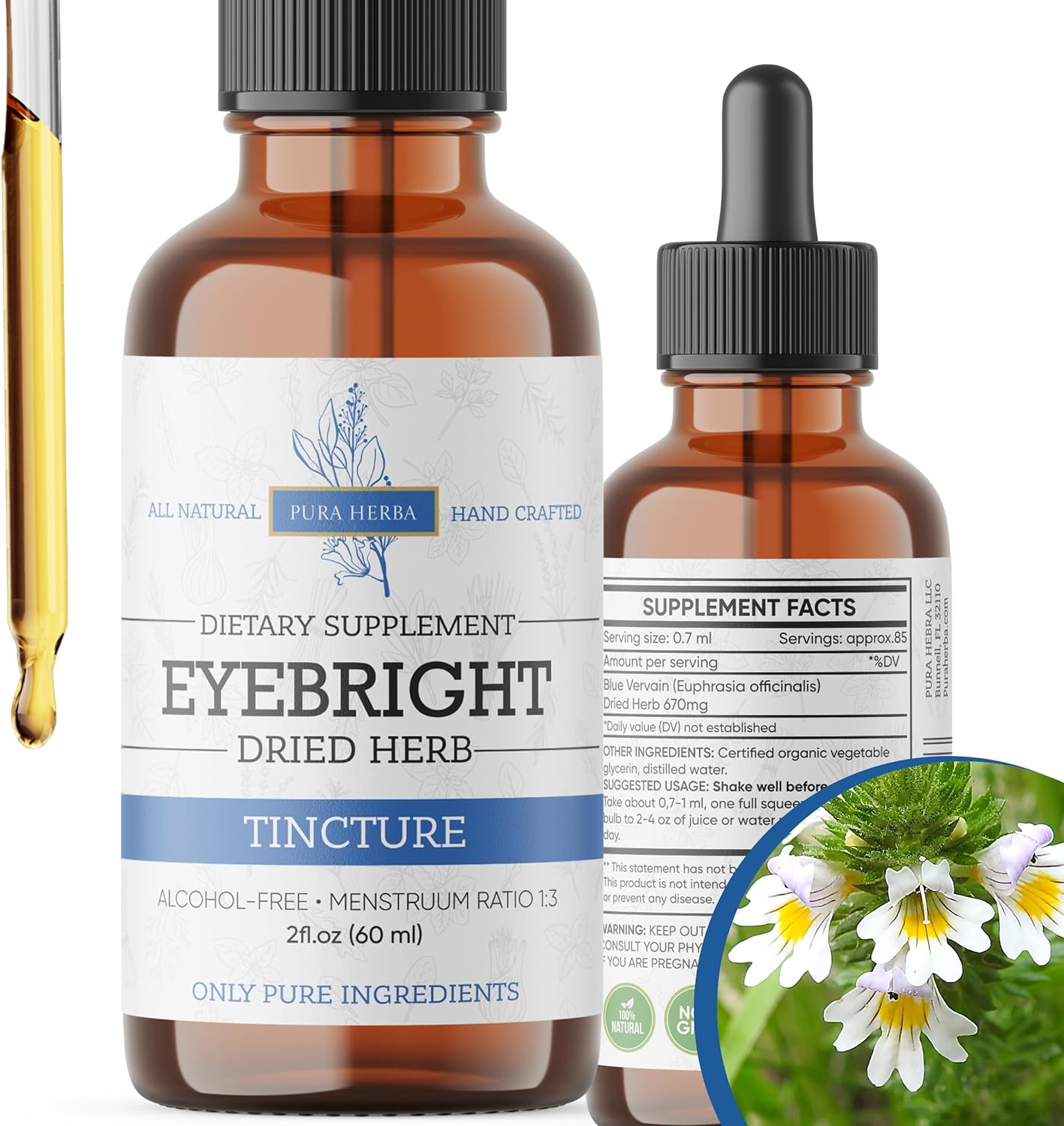 Pura Herba Eyebright Herb 2 Fl Oz Extract, Eyebright Oral Drops Tincture, Alcohol Free, Vegan - 2 Fl Oz
