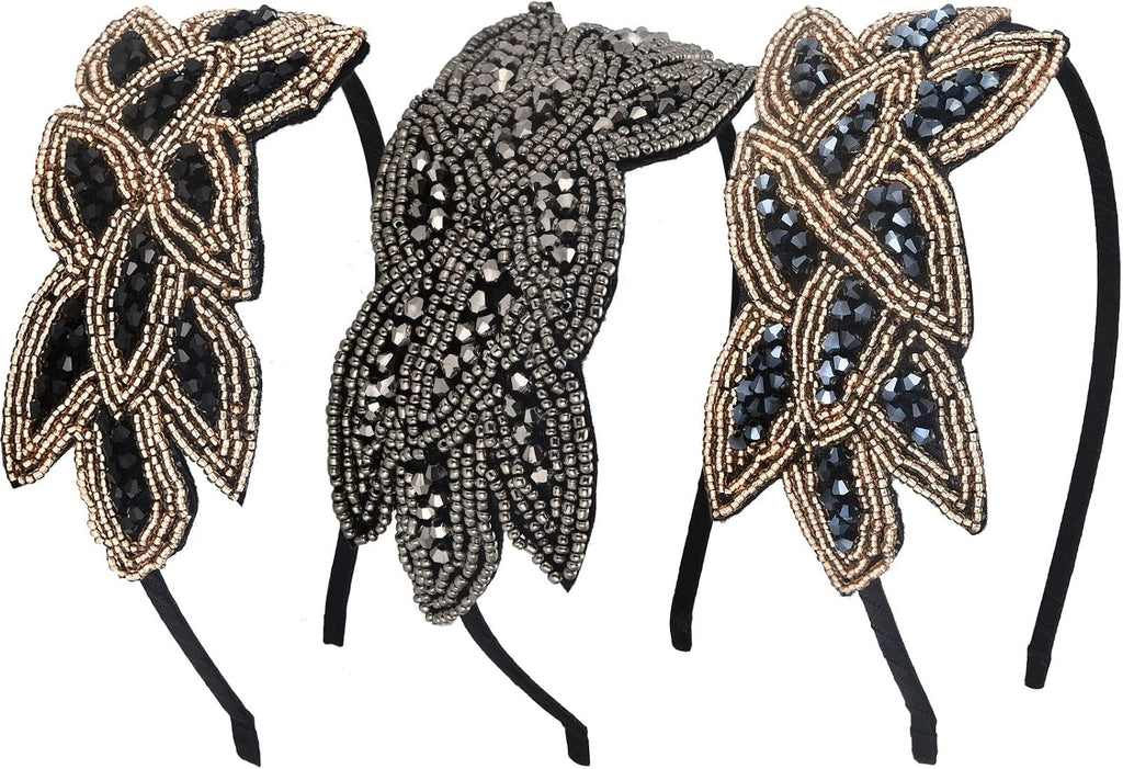 Tatuo 3 Pieces 1920s Flapper Headbands for Women 20s Vintage Headpiece Rhinestone Beaded Leaf Hairband Hair Accessory