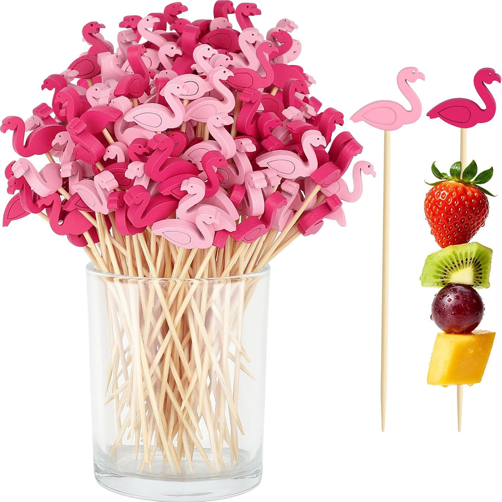 100 Pink Flamingo Cocktail Picks, 4.7 IN Decorative Toothpicks for Appetizers, Bamboo Fruit Skewers Charcuterie Sticks for Food Drinks, Summer Tropical Hawaiian Luau Themed Party Decorations Supplies