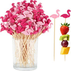 100 Pink Flamingo Cocktail Picks, 4.7 IN Decorative Toothpicks for Appetizers, Bamboo Fruit Skewers Charcuterie Sticks for Food Drinks, Summer Tropical Hawaiian Luau Themed Party Decorations Supplies
