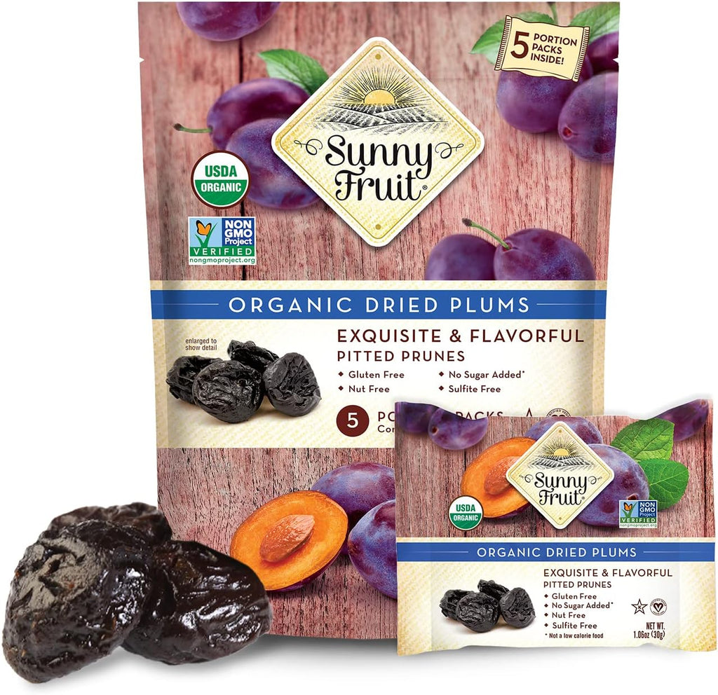 Sunny Fruit Soft Organic Pitted Prunes - 1 Bag (5 Individual Portion Packs) | No Preservatives, No Sugar Added | Healthy, Convenient Dried Plums Snack Packs | ORGANIC, NON-GMO, VEGAN, HALAL, KOSHER
