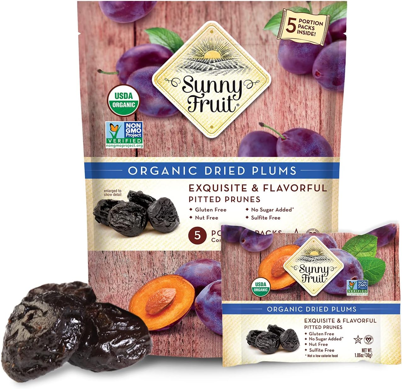 Sunny Fruit Soft Organic Pitted Prunes - 1 Bag (5 Individual Portion Packs) | No Preservatives, No Sugar Added | Healthy, Convenient Dried Plums Snack Packs | ORGANIC, NON-GMO, VEGAN, HALAL, KOSHER