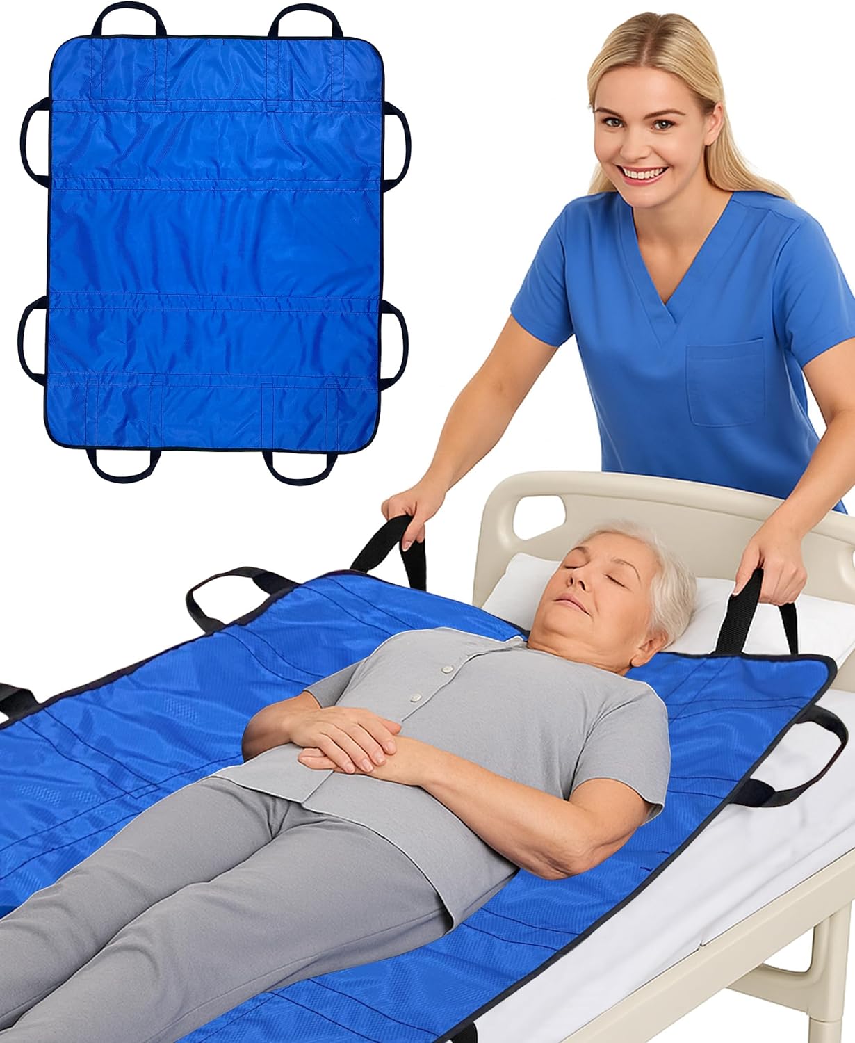 SPRING SEAON Patient Positioning Bed Pad with Handles – Transfer & Slide Sheet for Elderly Care, Waterproof Washable Draw Sheet for Hospital or Home Use, 46.5" x 38.5", 450 LBS Support,Blue