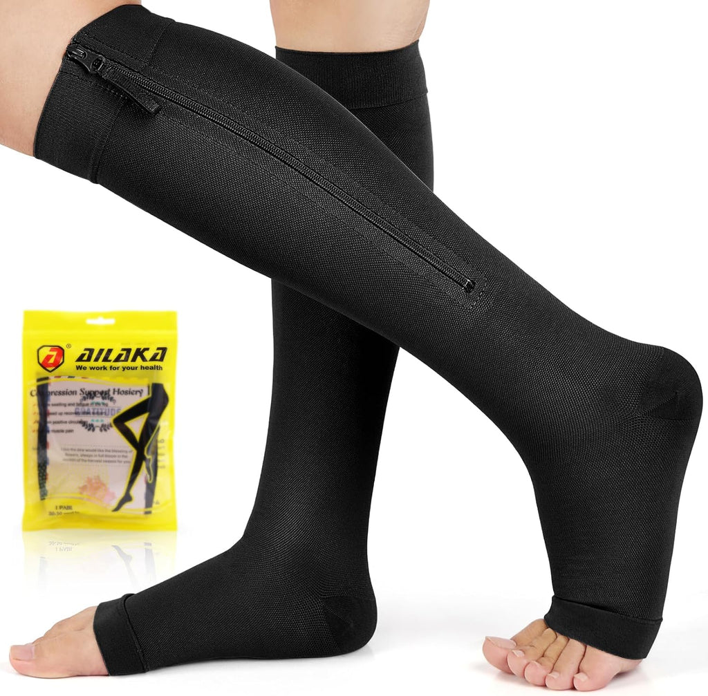 Ailaka Zipper Compression Socks for Women Men, 20-30 mmHg Open Toe Compression Socks Knee High, Ted Hose Compression Stockings for Edema, Varicose Veins