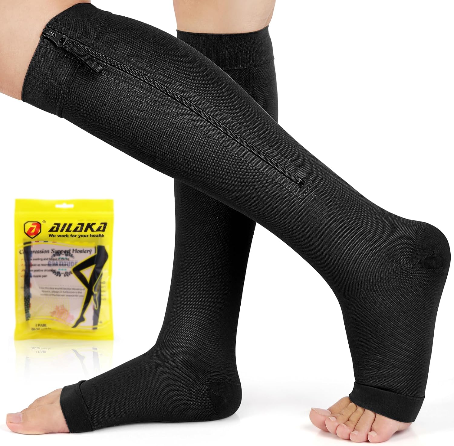 Ailaka Zipper Compression Socks for Women Men, 20-30 mmHg Open Toe Compression Socks Knee High, Ted Hose Compression Stockings for Edema, Varicose Veins