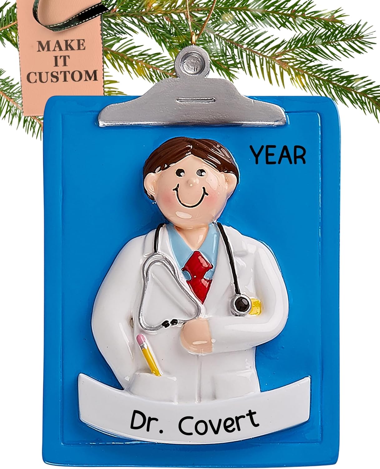 Personalized Doctor Ornament 2026 | 24h Customized, Laser Engraved Healthcare Christmas Ornaments for Tree | Custom Man Doctor with Clipboard Keepsake Gift for Medical Professionals
