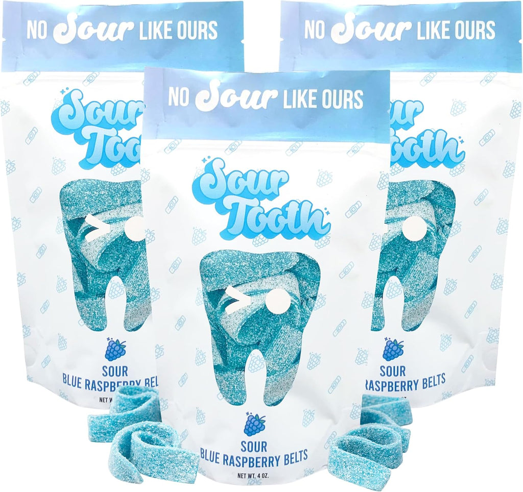 Sour Blue Raspberry Belts, Sour Belts Candy Bulk, Blue Raspberry Flavored Candy Strips, Fresh, Soft and Chewy, Great as Gift Snacks and Parties, 14 Per Bag, 3 Pack, 4 oz