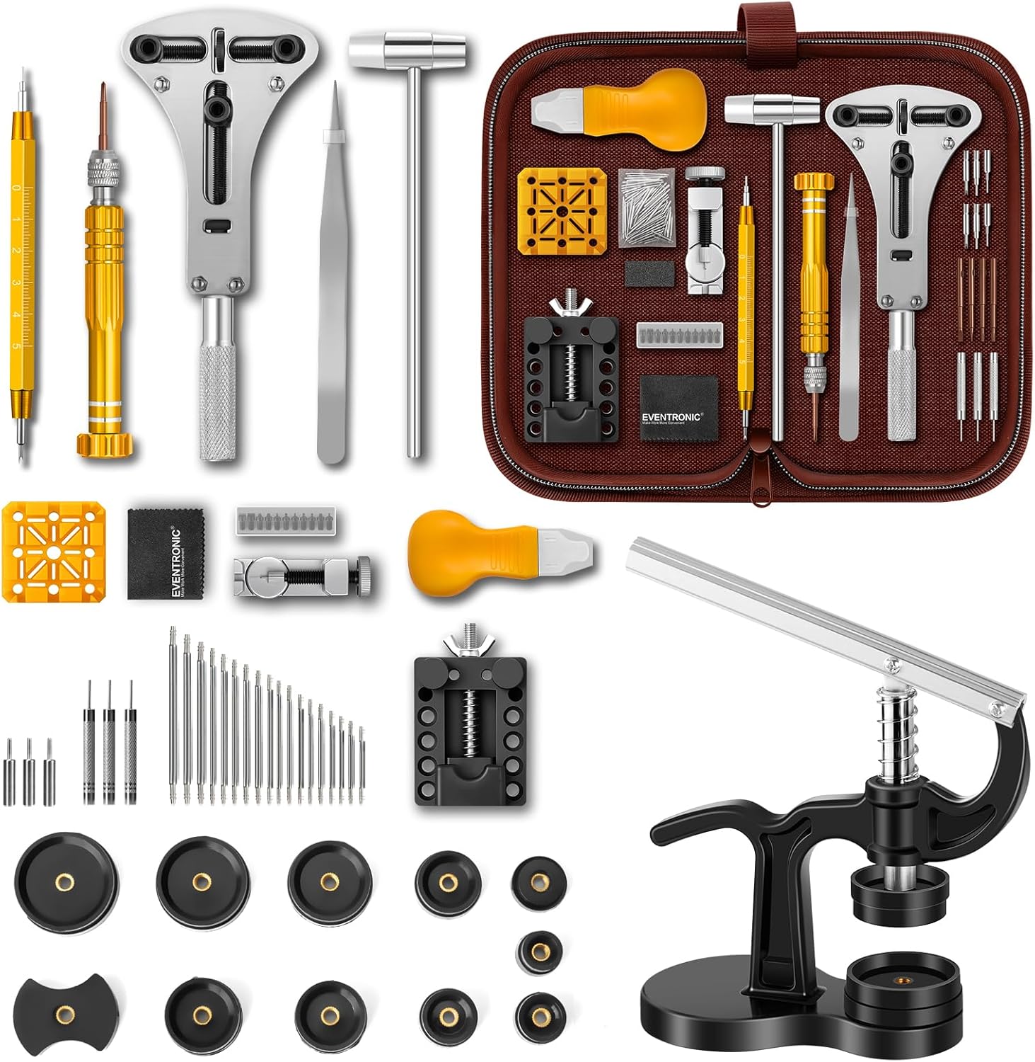 【Combination Version】Eventronic Watch Repair Tool Kit + Watch Press Tool, Professional Watch Link Removal Kit, Spring Bar Tool Set, Watch Band Tool, Watch Battery Replacement Tool Kit, Watch Band Tool