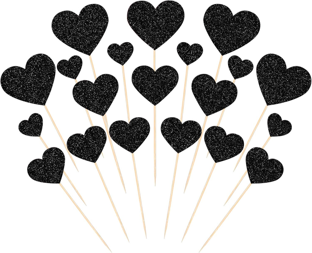 35 Pack Heart Cupcake Toppers Glitter Love Heart Valentine Cupcake Picks for Valentine's Day Theme Wedding Engagement Bridal Shower Birthday Party Cake Decorations Supplies Black