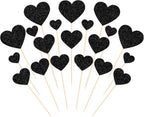 35 Pack Heart Cupcake Toppers Glitter Love Heart Valentine Cupcake Picks for Valentine's Day Theme Wedding Engagement Bridal Shower Birthday Party Cake Decorations Supplies Black