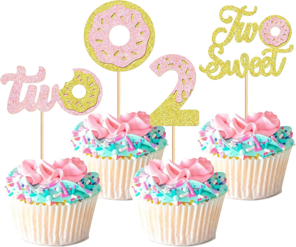 Ercadio 24 Pcs Two Donut Cupcake Toppers Donut Party Decorations Picks Pink Sweet Theme Cake Decoration for 2st Kids Birthday Party Supplies Celebrating Party Baby Shower Supplies