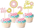 Ercadio 24 Pcs Two Donut Cupcake Toppers Donut Party Decorations Picks Pink Sweet Theme Cake Decoration for 2st Kids Birthday Party Supplies Celebrating Party Baby Shower Supplies