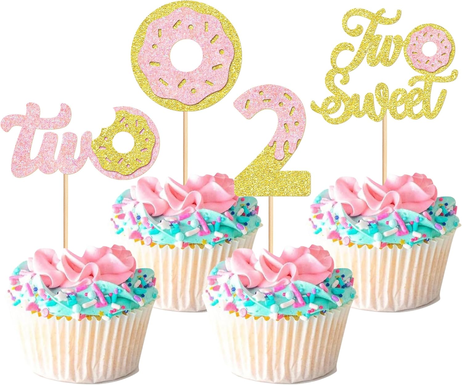 Ercadio 24 Pcs Two Donut Cupcake Toppers Donut Party Decorations Picks Pink Sweet Theme Cake Decoration for 2st Kids Birthday Party Supplies Celebrating Party Baby Shower Supplies