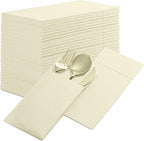 50-Pack Disposable Linen-Feel Dinner Napkins with Built-in Flatware Pocket, CREAM Prefolded Cloth Like Paper Napkins For Dinner, Wedding Or Party [Silverware NOT Included]