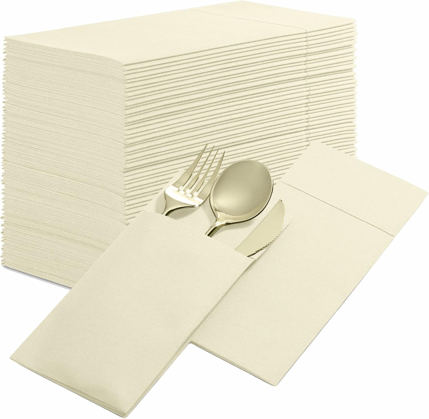 50-Pack Disposable Linen-Feel Dinner Napkins with Built-in Flatware Pocket, CREAM Prefolded Cloth Like Paper Napkins For Dinner, Wedding Or Party [Silverware NOT Included]