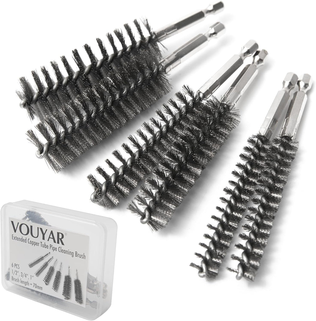 6pcs Extended Copper Tube Pipe Cleaner, 1/2” 3/4” 1” Pipe Cleaning Brush Set, Stainless Steel Wire Bore Brushes for Power Drill, 1/4 Inch Hex Shank