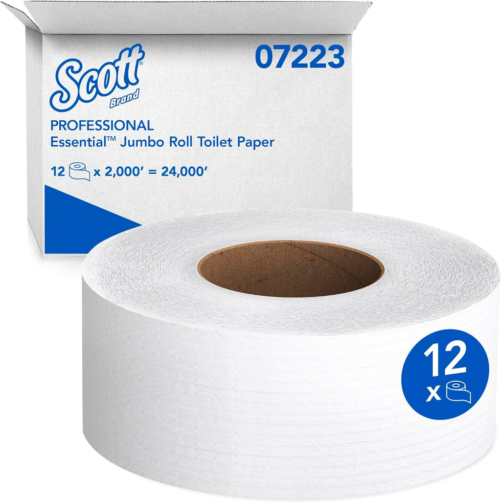 Scott Professional Essential High-Capacity Jumbo Roll Toilet Paper, Bulk (07223), Septic Safe, White (12 Rolls at 2,000' Each, 24,000'/Case)