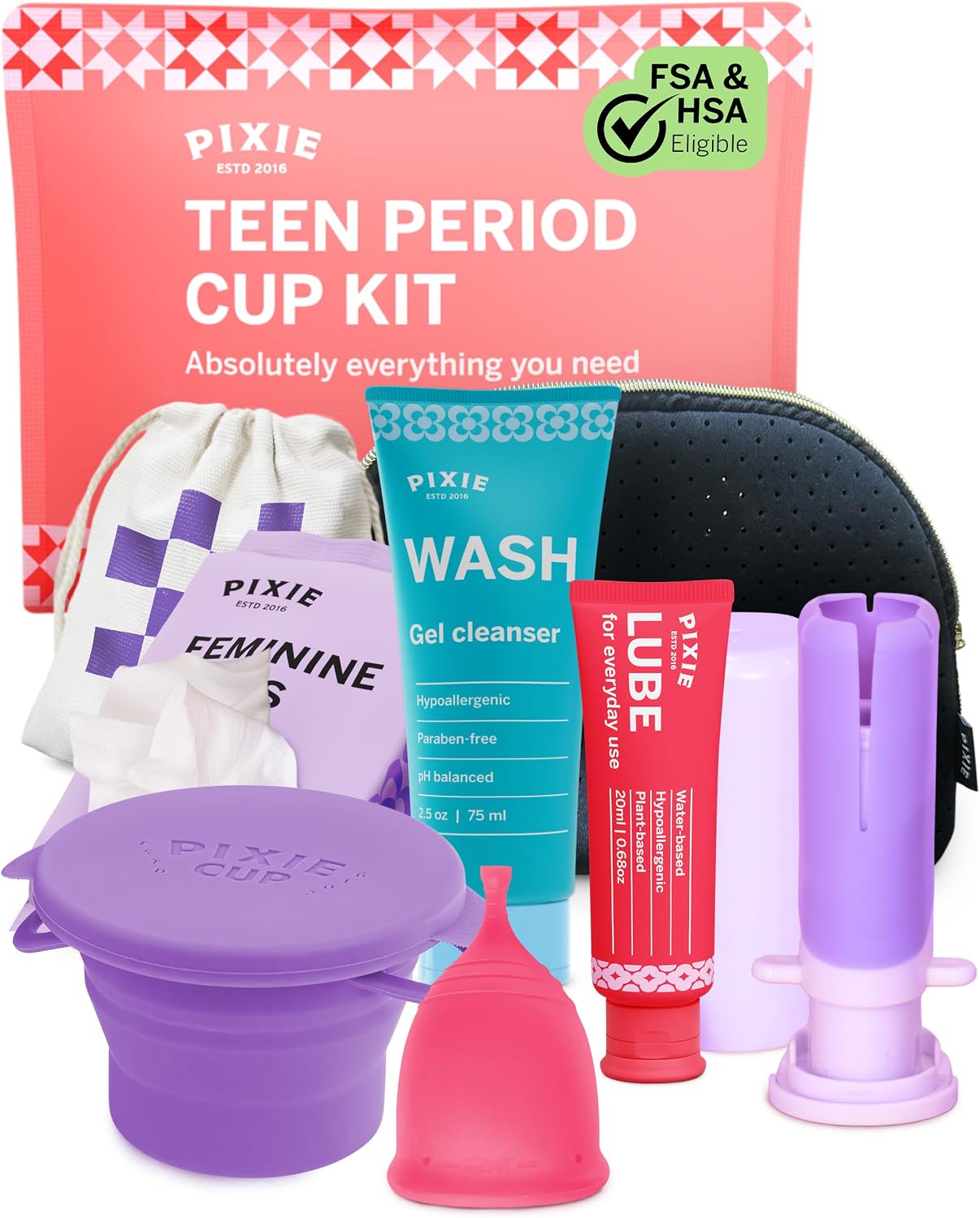 Pixie Cup Teen Menstrual Cup Kit - Best First Period Cup Starter Kit - Wash, 20 Wipes, Lube, Public Restroom Carry Cup & Storage Bag - Proven to Be What You Need to Become A Successful Cup User