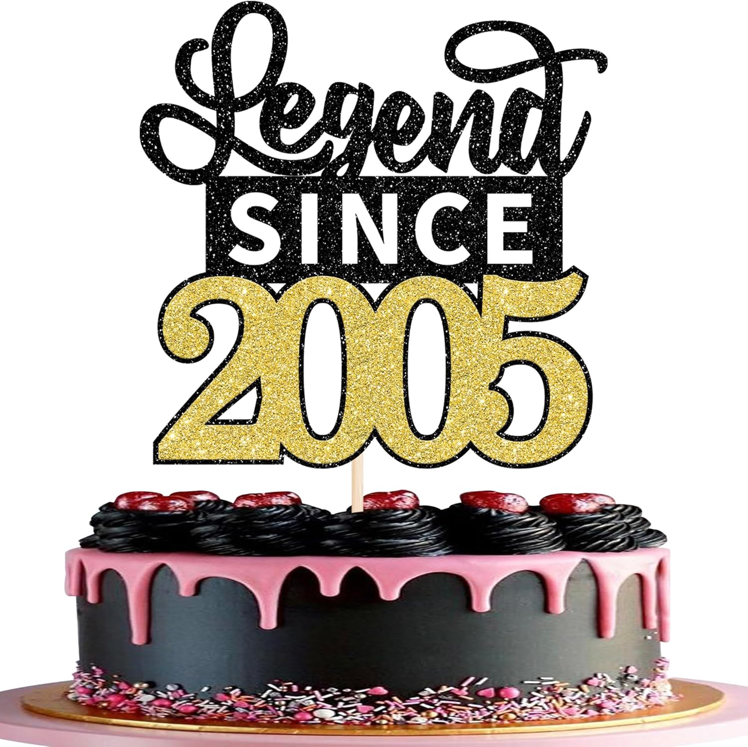 1 Pack Legend Since 2005 Cake Topper Glitter 21st Birthday Cake Pick Happy 21st Cheers to 21 Years Cupcake Decoration for Birthday Anniversary Wedding Party Supplies Black Gold