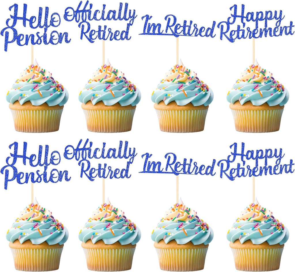 Rsstarxi 24 Pack Happy Retirement Cupcake Toppers Glitter I'm Retired Officially Retired Cupcake Picks for Retirement Theme Farewell Party Cake Decorations Supplies Blue