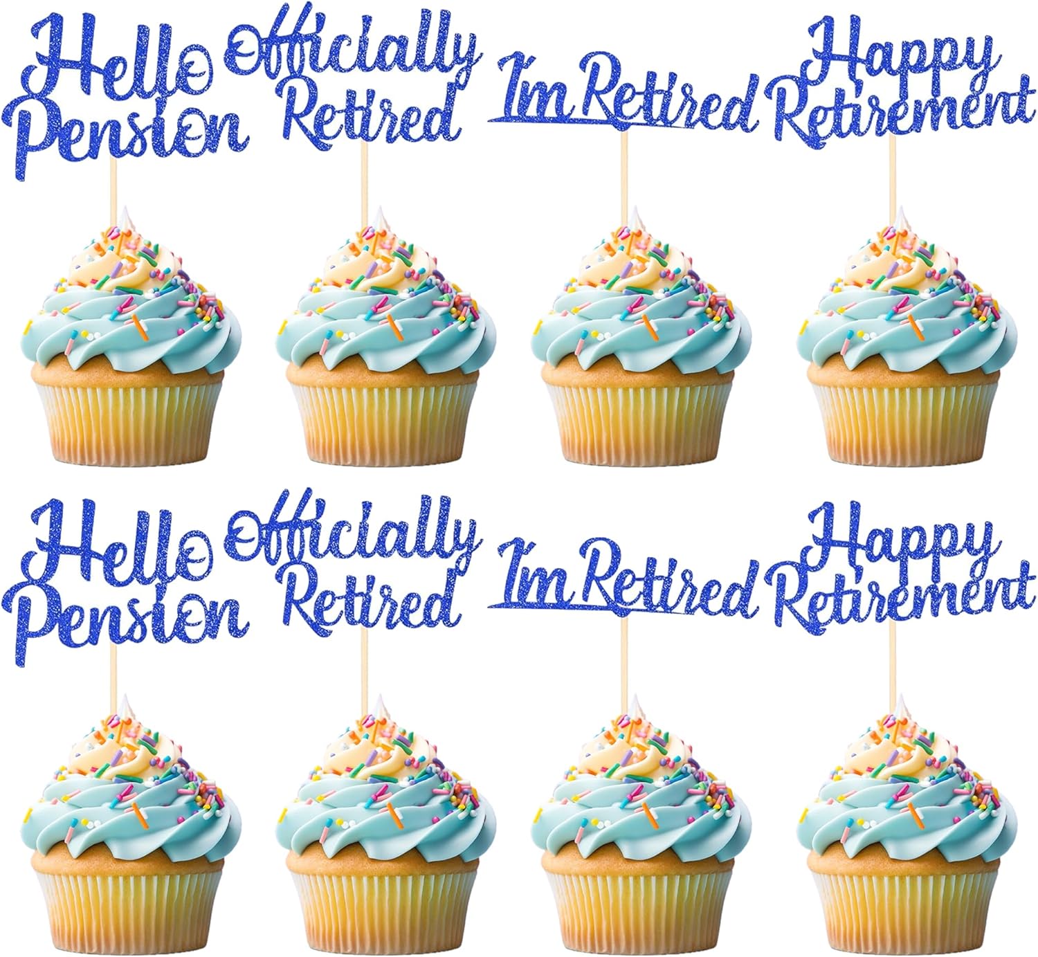 Rsstarxi 24 Pack Happy Retirement Cupcake Toppers Glitter I'm Retired Officially Retired Cupcake Picks for Retirement Theme Farewell Party Cake Decorations Supplies Blue