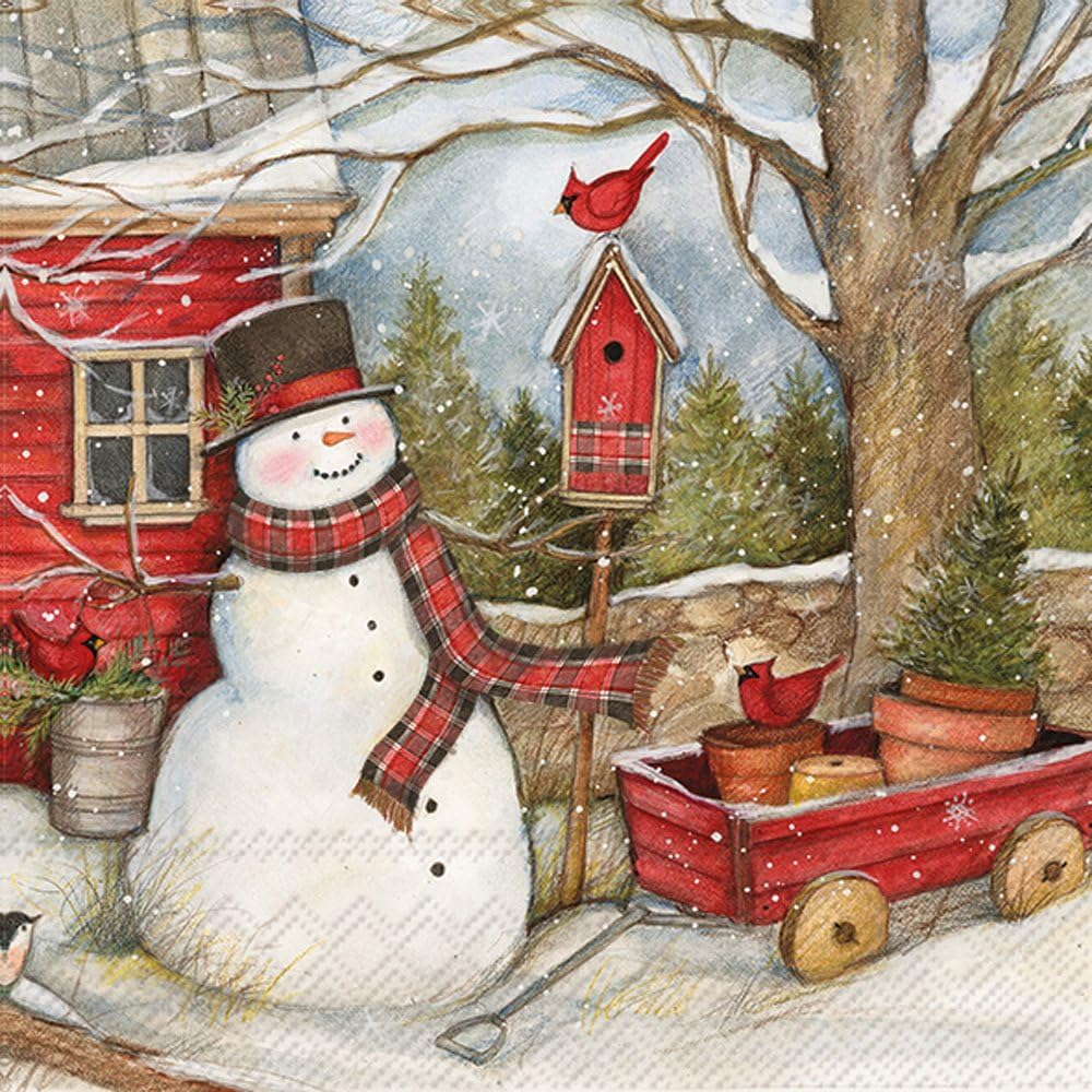 Boston International IHR 3-Ply Paper Napkins, 20-Count Cocktail Size, Snowman Barn