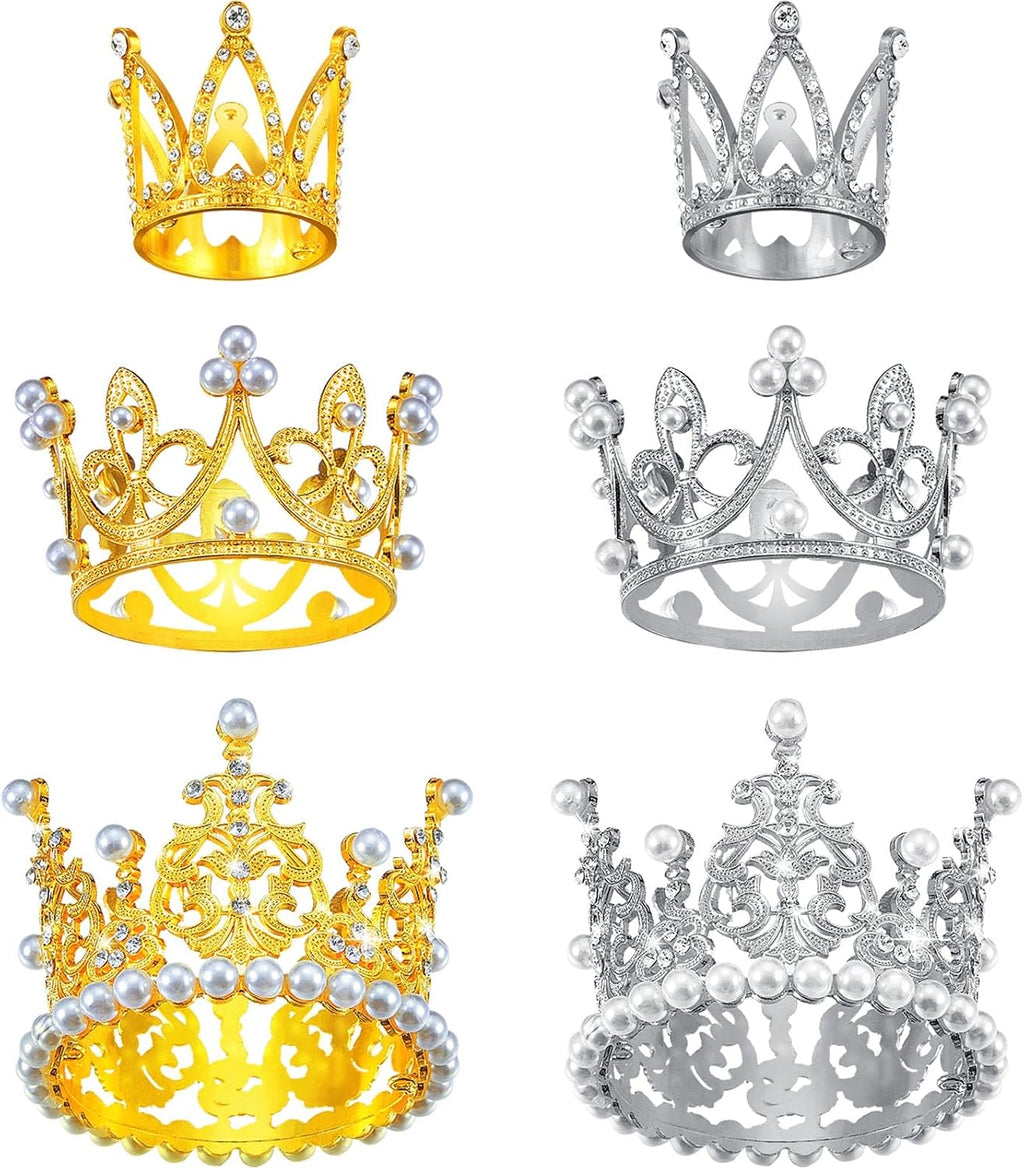 6 Pcs Crown Cake Topper Artificial Pearl Rhinestone Small Tiara Cake Topper Crowns for Decoration Birthday Wedding Baby Shower Party(Silver, Gold)