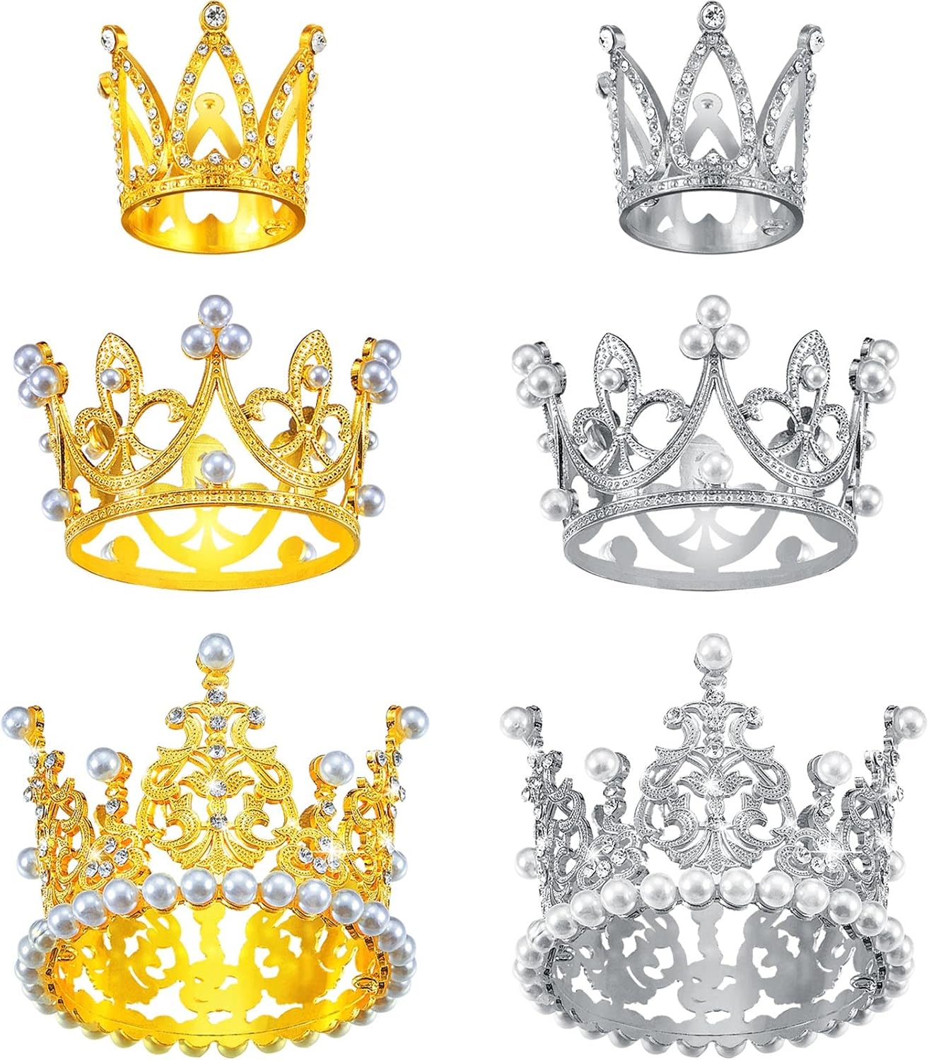 6 Pcs Crown Cake Topper Artificial Pearl Rhinestone Small Tiara Cake Topper Crowns for Decoration Birthday Wedding Baby Shower Party(Silver, Gold)