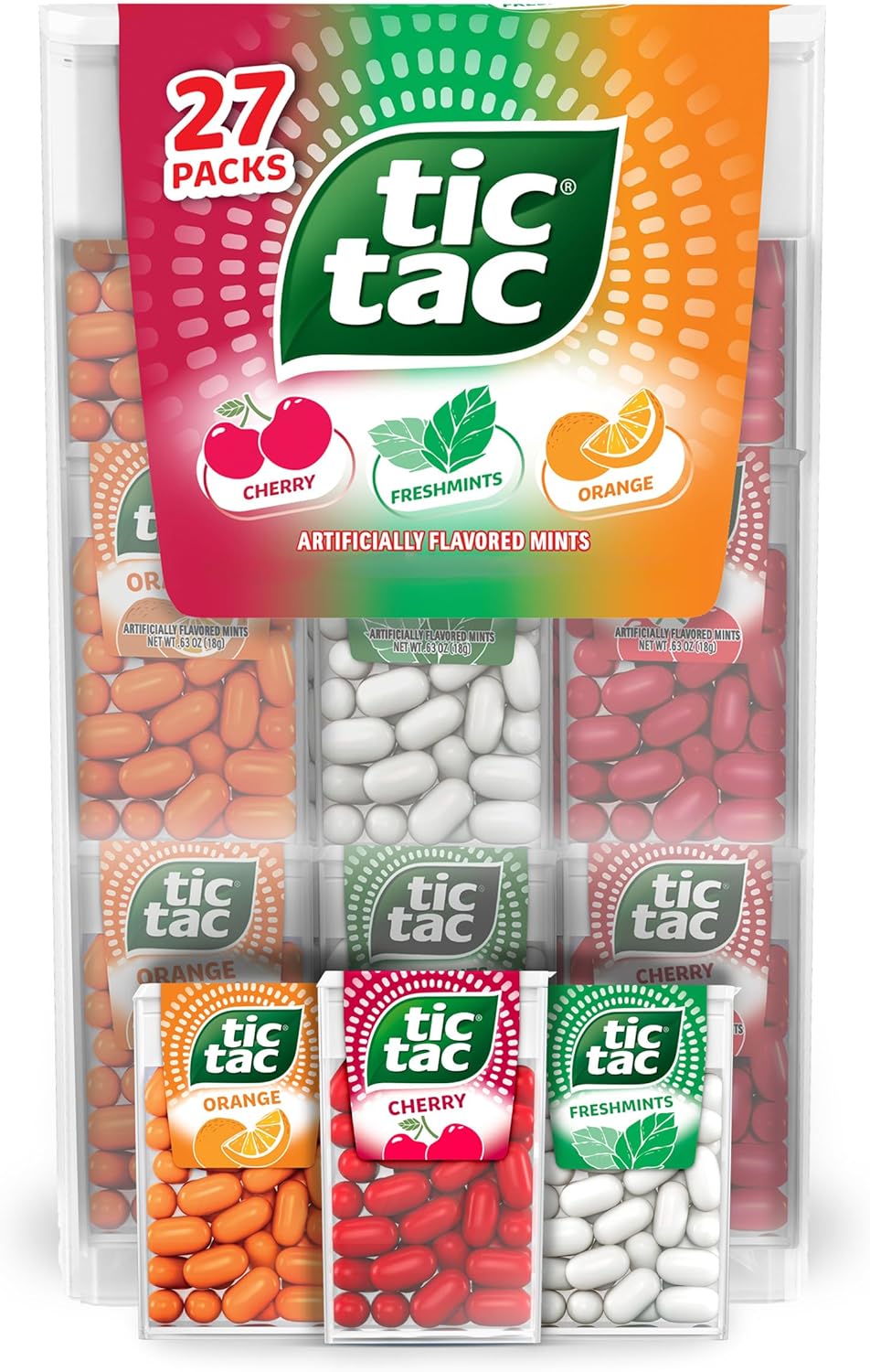 Tic Tac Variety Pack Mega Box, Bulk 27 Packs, Cherry, Freshmints, Orange, Refreshing Fruity Mints, Classic Box, 17.14 oz