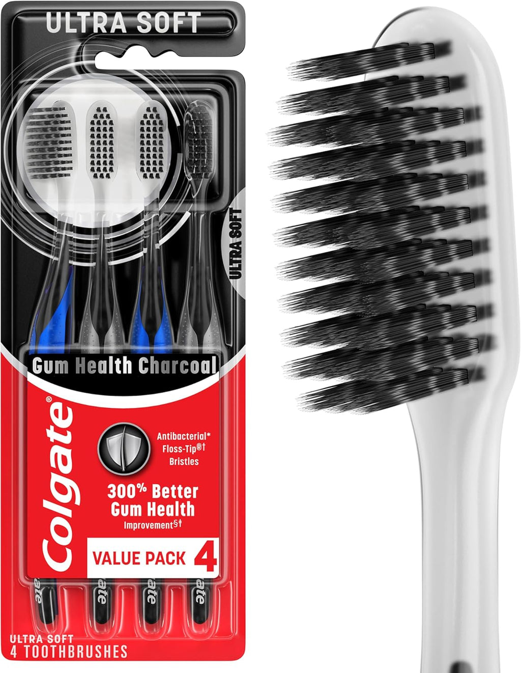 Colgate Gum Health Charcoal Toothbrush with Ultra Soft Floss Tip Bristles, Extra Soft for Sensitive Gums and Teeth, 4 Pack