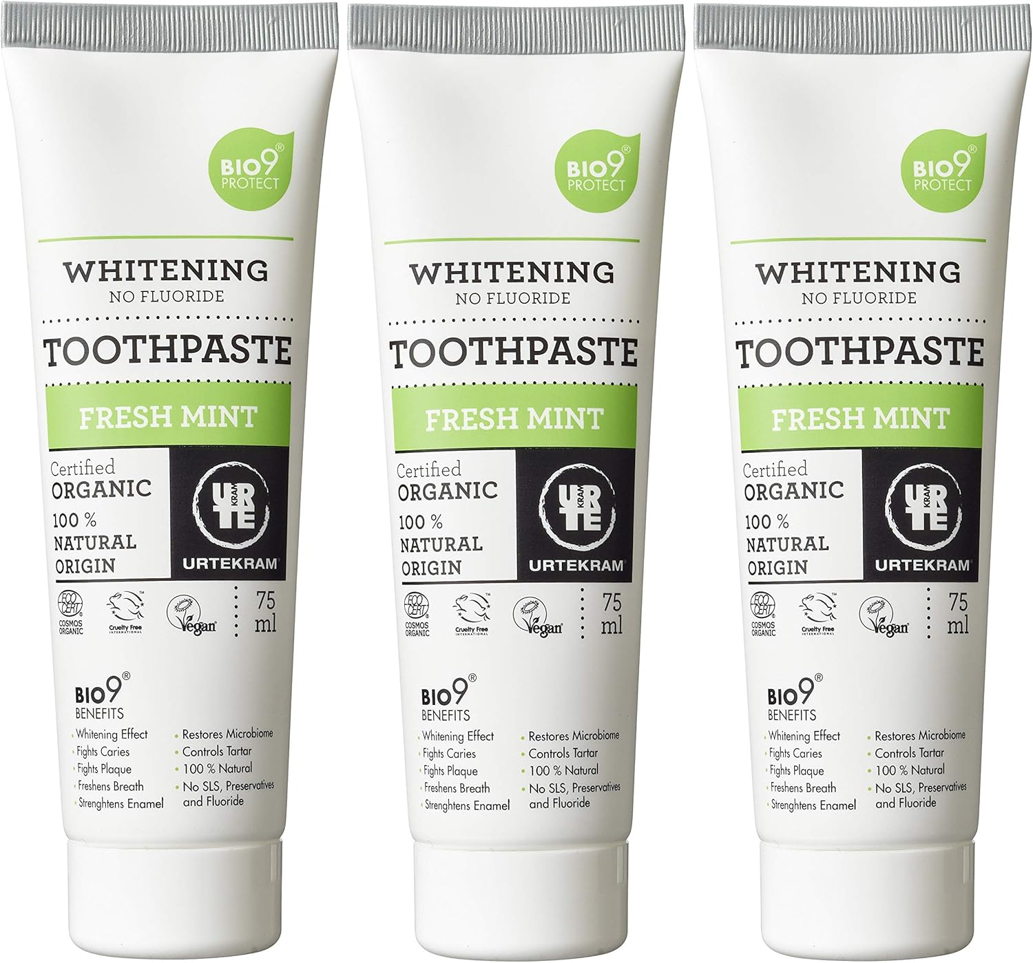 Urtekram Bio9 Fresh Mint Fluoride Free Toothpaste 75ml (Pack of 3)