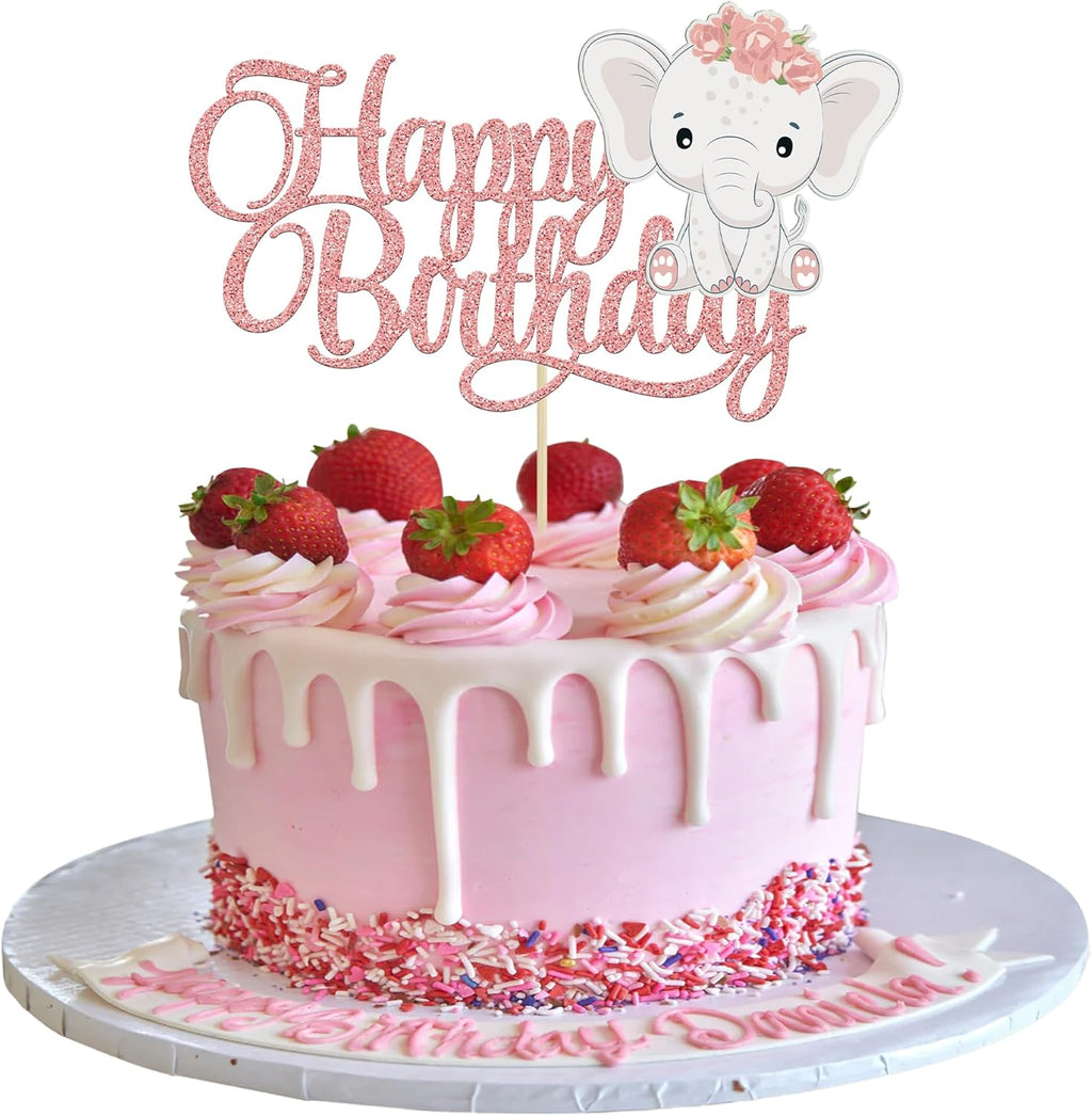 Gyufise Pink Elephant Happy Birthday Cake Topper - 1Pc Rose Gold Glitter Decorations for Baby Shower, Kids Girls Birthday Party Supplies