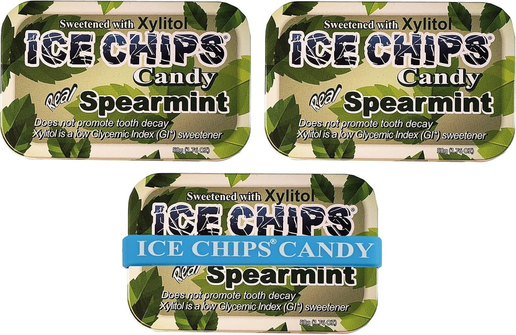 ICE CHIPS Xylitol Candy Tins 5.28 oz total (Spearmint, 3 Pack) - Includes BAND as shown