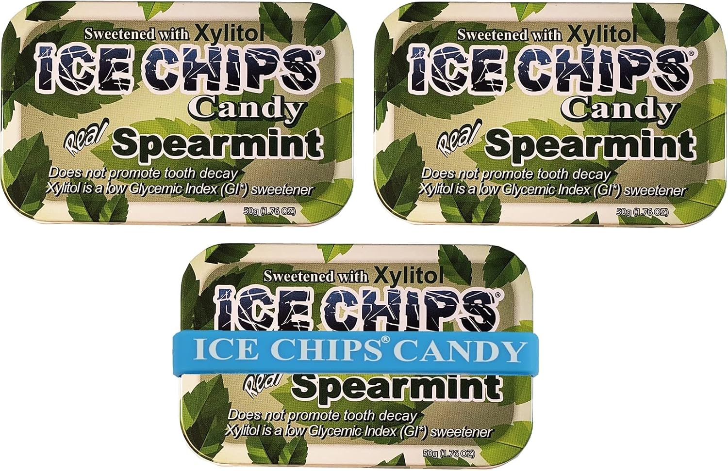 ICE CHIPS Xylitol Candy Tins 5.28 oz total (Spearmint, 3 Pack) - Includes BAND as shown