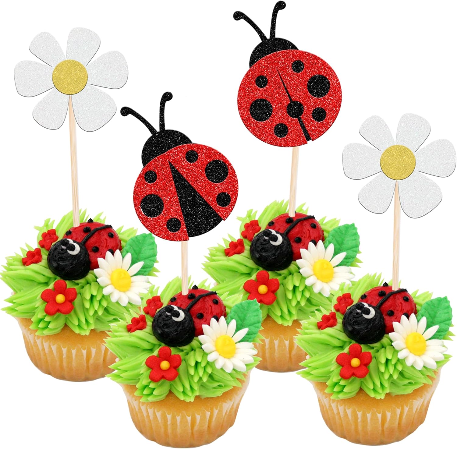 36 PCS Ladybug Cupcake Toppers Glitter Flowers Insects Cupcake Picks Garden Theme Baby Shower Kids Birthday Party Cake Decorations Supplies