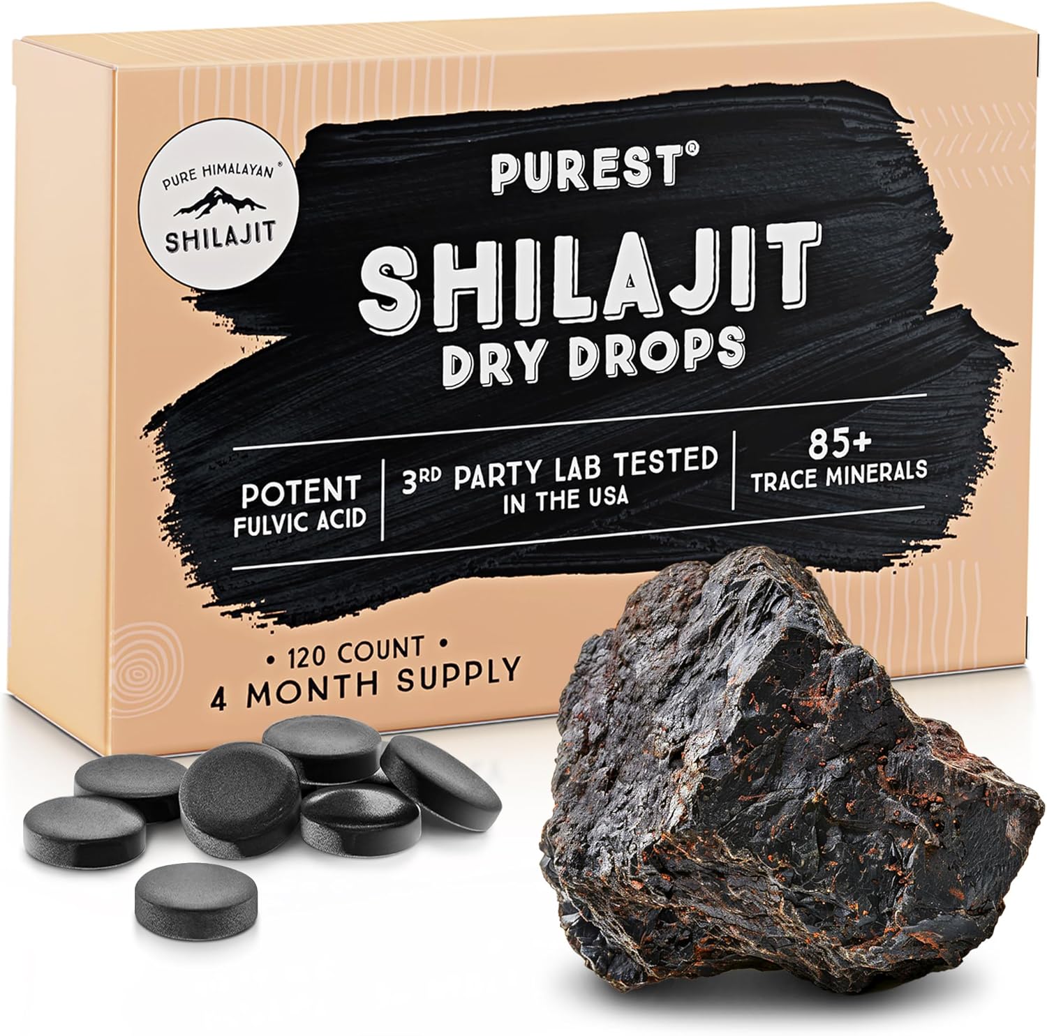Pure Himalayan Shilajit | 100% Pure Natural Shilajit Grade A Max Potency 85+ Trace Minerals & Fulvic Acid | 3rd Party US Lab Tested | Dry Drops | 24g (120ct)