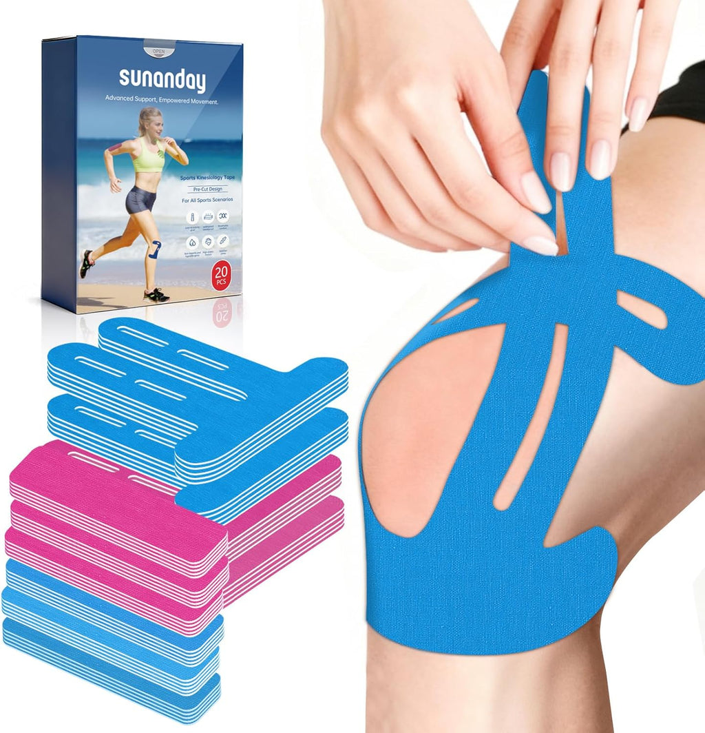 20 PCS Waterproof Kinesiology Tape for Shoulders/Knees,Precut Strips for Knee Pain Relief & Stability Support, Latex-Free Hypoallergenic Sports Athletic Tape (Blue and Pink)
