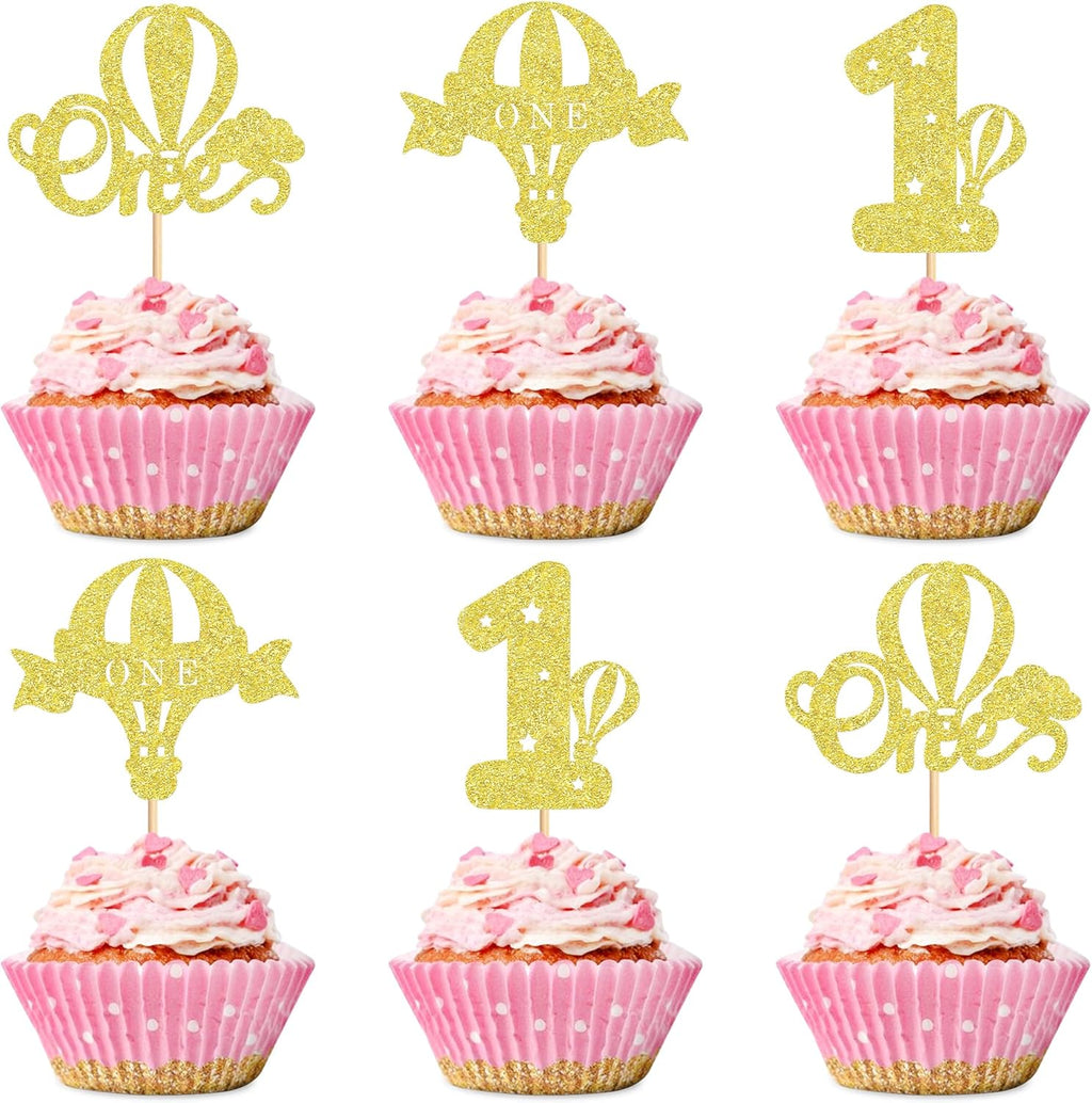 Ercadio 24 Pack Hot Air Balloon One Cupcake Toppers Gold Glitter Balloon One Cupcake Picks Balloon 1st Cupcake Picks for Hot Air Balloon Theme Birthday Baby Shower Party Decoration Supplies