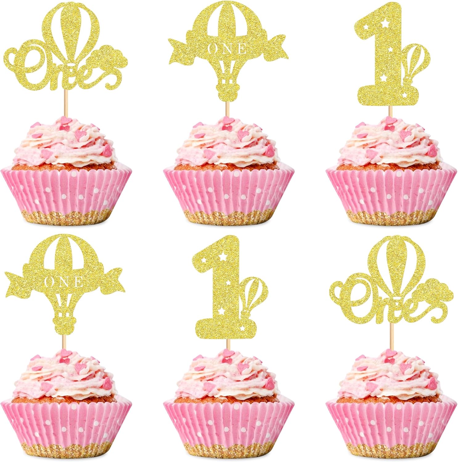 Ercadio 24 Pack Hot Air Balloon One Cupcake Toppers Gold Glitter Balloon One Cupcake Picks Balloon 1st Cupcake Picks for Hot Air Balloon Theme Birthday Baby Shower Party Decoration Supplies