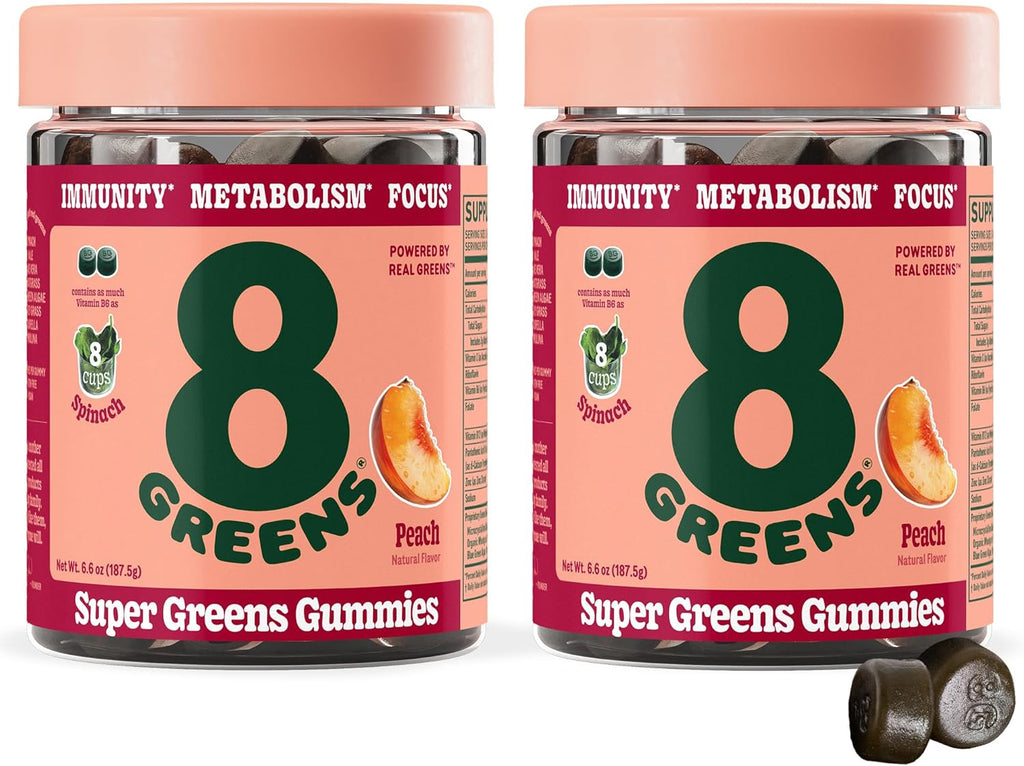 8Greens Supergreens Gummies | Superfood Gummy for Metabolism, Immunity & Focus, Digestive Health Enzymes, Organic: Chlorella, Spirulina, Aloe Vera, Peach Flavor, 100 Count