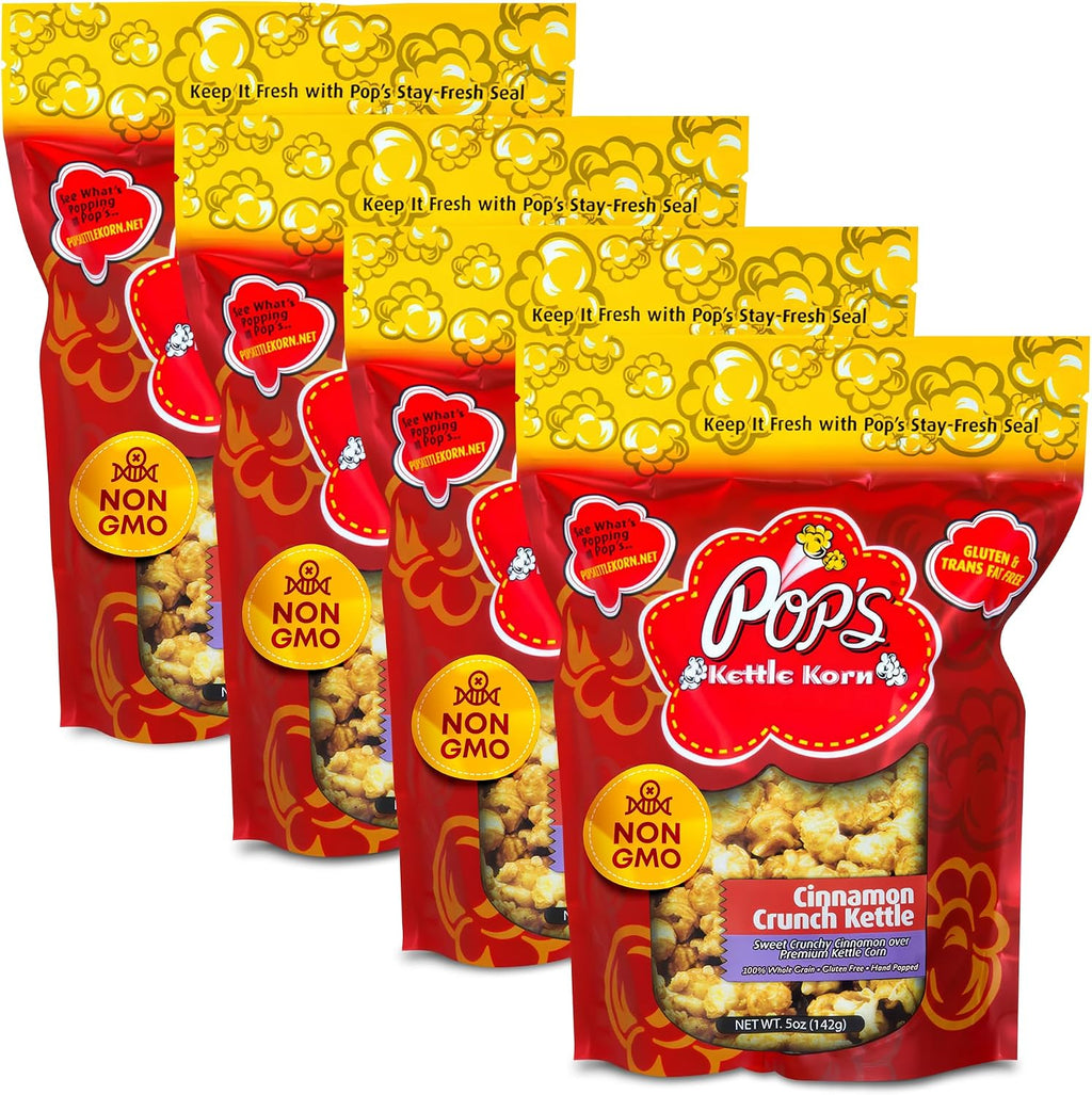 Pop's Kettle Korn- Cinnamon Crunch| 4-Pack Cinnamon Crunch- Gluten-Free, Whole Grain, Hand-Popped, Small
