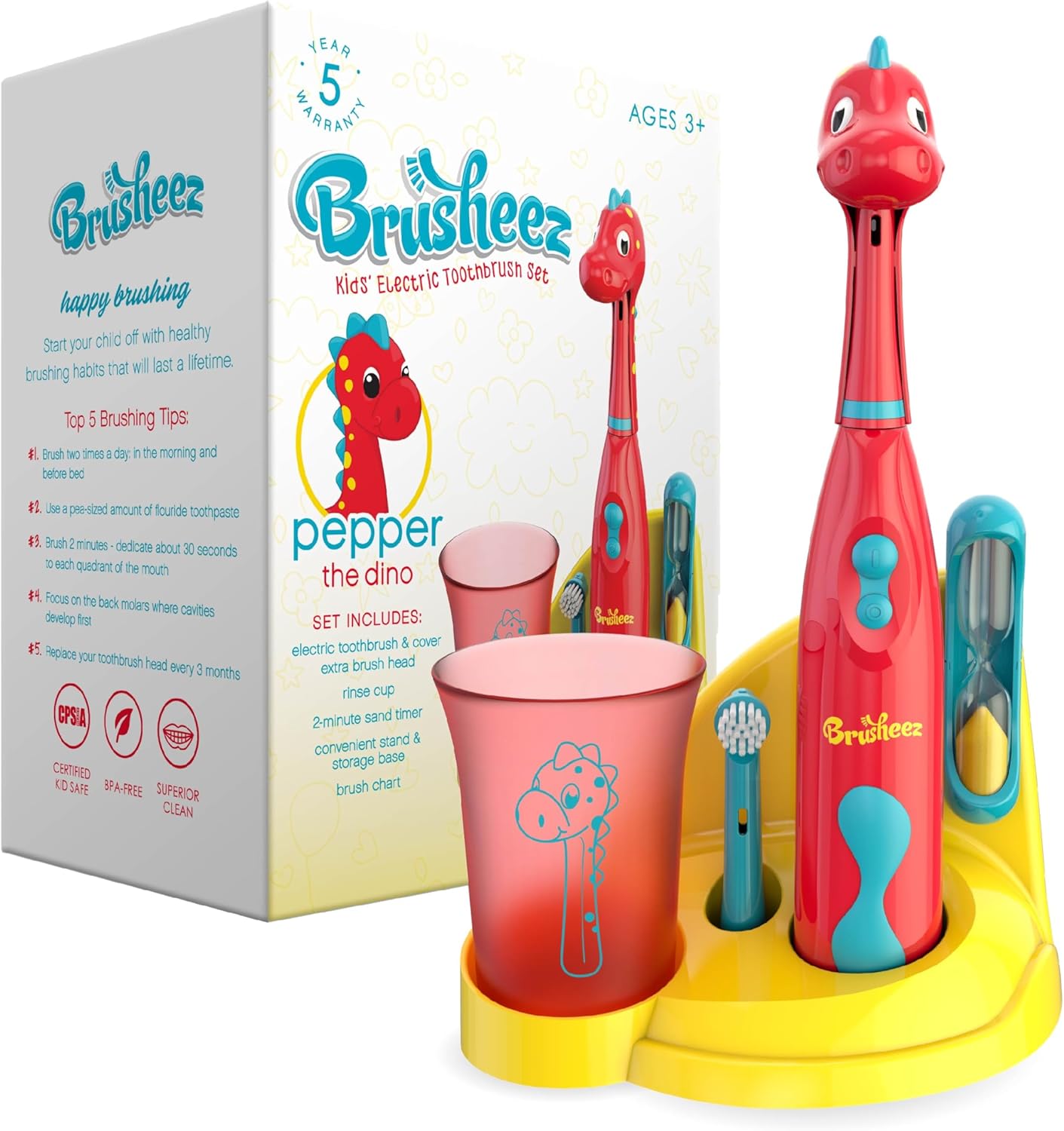 Brusheez Kids’ Electric Toothbrush Set - Safe & Effective for Ages 3+ - Parent Tested & Approved with Gentle Bristles, 2 Brush Heads, Rinse Cup, 2-Minute Timer, & Storage Base (Pepper the Dino)