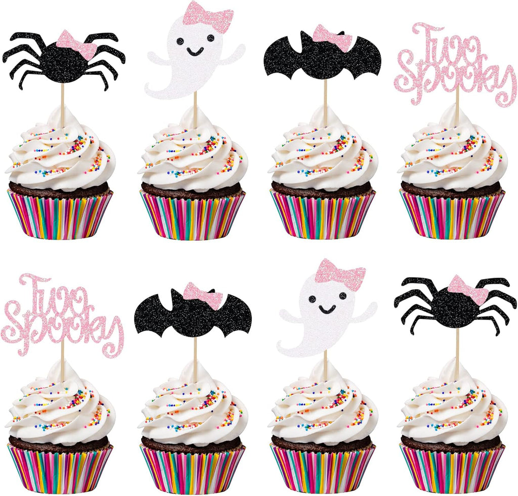 24Pcs Pink Black Two Spooky Cupcake Toppers Halloween 2nd Birthday Cupcake Toppers for Two Spooky Halloween Birthday Cupcake Topper Decor