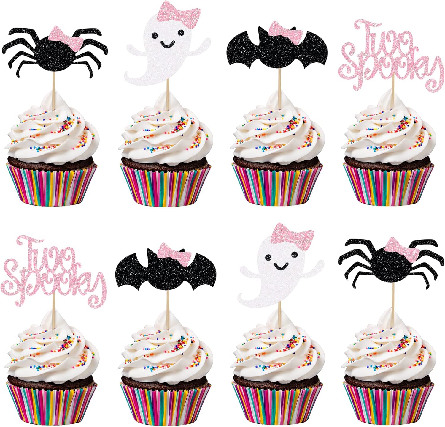 24Pcs Pink Black Two Spooky Cupcake Toppers Halloween 2nd Birthday Cupcake Toppers for Two Spooky Halloween Birthday Cupcake Topper Decor