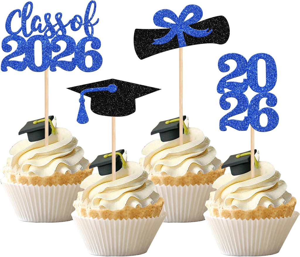 36 PCS 2026 Graduation Theme Cupcake Toppers Glitter Class of 2026 Grad Cap Diploma Cupcake Picks 2026 Graduation Theme Party Cake Decorations Supplies Deep Blue