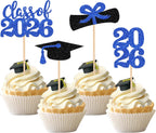 36 PCS 2026 Graduation Theme Cupcake Toppers Glitter Class of 2026 Grad Cap Diploma Cupcake Picks 2026 Graduation Theme Party Cake Decorations Supplies Deep Blue